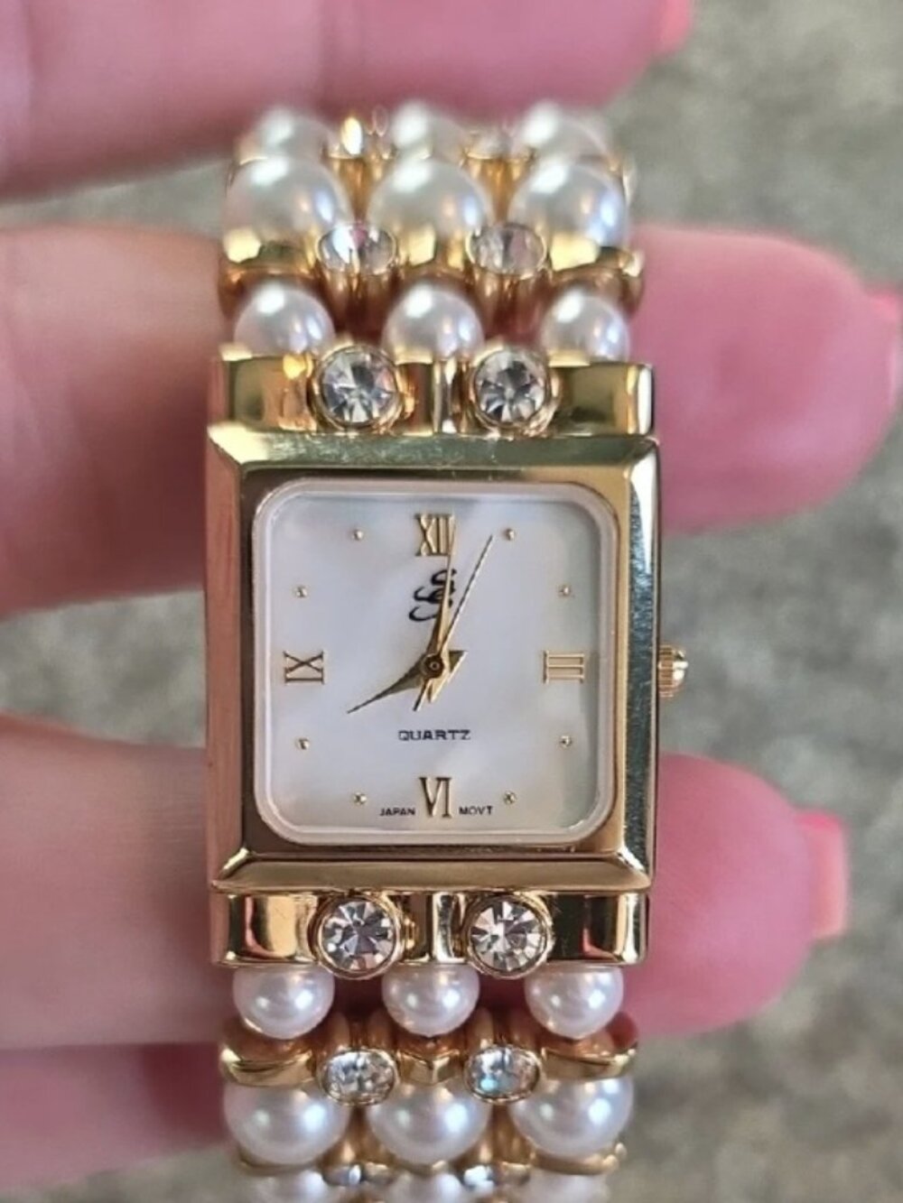 Suzanne Somers Faux Pearl & Rhinestone Watch